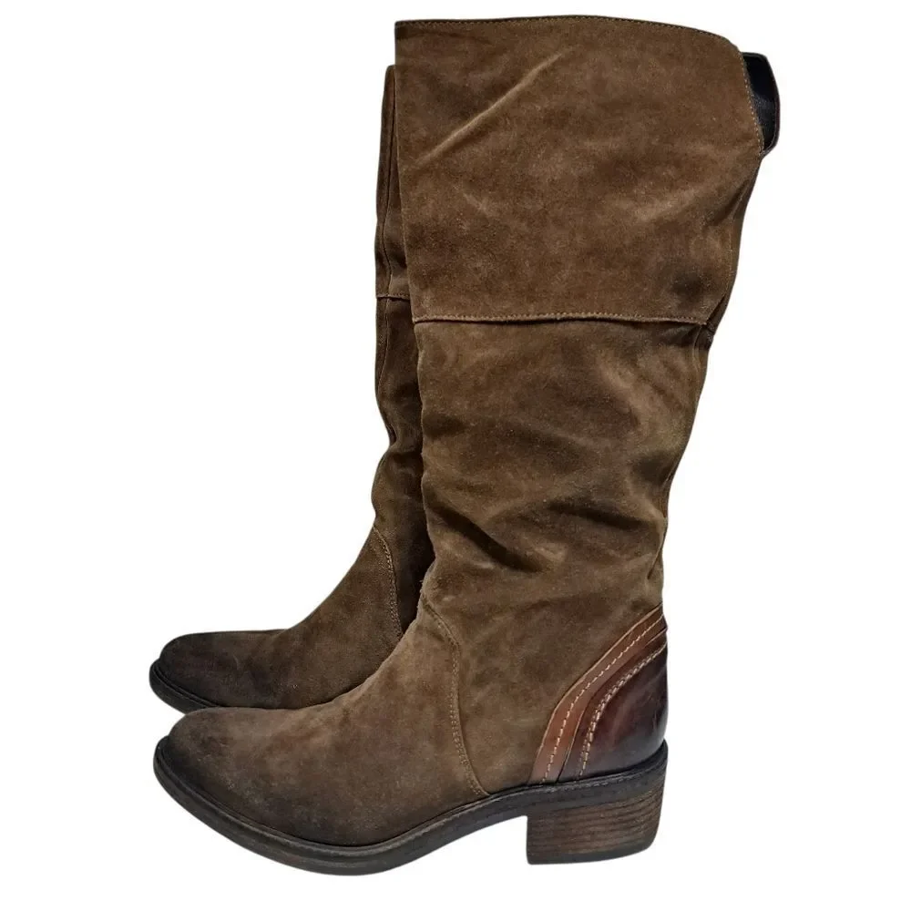 Vic Italian Leather Suede Western Cowgirl Moto Boho Women's Boots Size 37 Brown